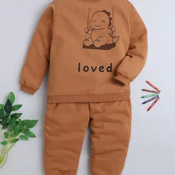BAATCHEET Fleece Knit Full Sleeves Swinging Baby Dinosaur Printed Light Winter Sweatshirt & Joggers Set - Brown-picture-18
