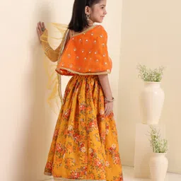 Babyhug Woven Sleeveless Embroidery Choli With Floral Printed Lehenga And Dupatta - Orange image 3