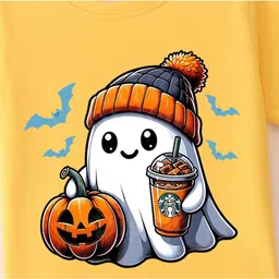 BLUSHES 100% Cotton Halloween Theme Half Sleeves Cute Ghost Printed Tee - Yellow image 4