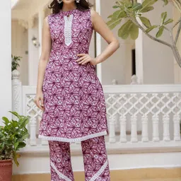 Anouk Women Printed Regular Thread Work Pure Cotton Kurta with Pyjamas image 1