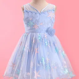 Mark & Mia Woven Sleeveless Party Frock with Star Embroidery & Lace Detailing & Floral Applique - Blue image 4