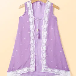 Babyhug Woven Sleeveless Sequinned Embroidered Top & Palazzo Set with Lace Detailed Shrug - Lavender image 4