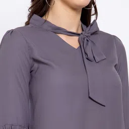 Style Quotient Grey Tie-Up Neck Flared Sleeves Crepe Regular Top image 2
