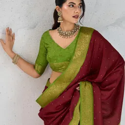 TASRIKA Women Maroon & Green Striped Zari Silk Blend Maheshwari Saree-image-90