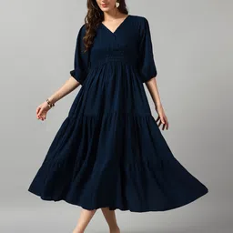 Raiyani Fashion V-Neck Gathered Or Pleated Casual A-Line Midi Dress-image-84