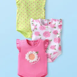 Babyhug 100% Cotton Knit Frill Sleeves Polka Dots & Floral Printed Onesies Pack of 3 - Multicolour-picture-14