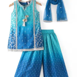 Babyhug Woven Sleeveless Floral & Sequin Embroidered Kurti Palazzo Set with Dupatta - Teal Blue-picture-15