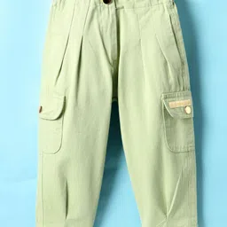 Little Kangaroos Cotton Knit Full Length Solid Colour Trouser with Cargo Pockets - Light Green image 1