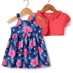 Babyhug Single Jersey Knit Frock & Half Sleeves Shrug With Floral Print - Navy Blue & Pink-picture-19