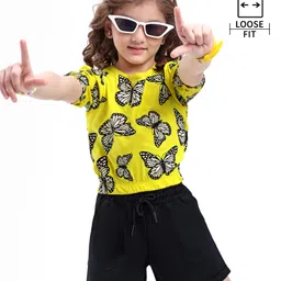 Ollington St. Cotton Knit Half Sleeves Butterfly Print Top & Knit Shorts -Yellow & Black-image-99