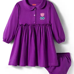 Babyhug Single Jersey Woven Full Sleeves Frock With Bloomer & Floral Print - Purple-picture-11