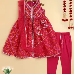 The Magic Wand Woven Sleeveless Bandhani Printed & Gota Lace Embellished Kurti Pant With Dupatta Set - Fuchsia-picture-24