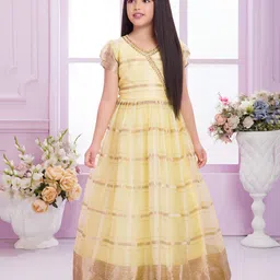 Tiny Kingdom Woven Half Puffed Sleeves Foil Striped Gown - Yellow-image-76