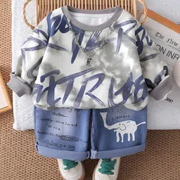 Googo Gaaga Cotton Knit Full Sleeves Typography Printed Light Winter Sweatshirt With Attached Chain & Jeans Set - Grey-picture-27
