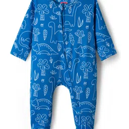 Babyhug Cotton Knit Full Sleeves Footed Sleepsuit With Dino Print - Blue-picture-12