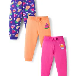Babyhug Cotton Knit Full Length Lounge Pants With Fruit Print Pack of 3 - Dark Pink Orange & Navy Blue-picture-13