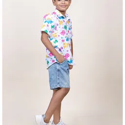 Jilmil Boy's White Dinasour Printed Cotton Shirt - Multi-Color image 4