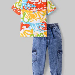Ollington St. Cotton Knit Half Sleeves T-Shirt & Denim Joggers Set with Text Print - Blue & White image 3