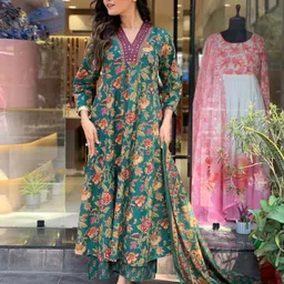 GoSriKi Floral Printed Anarkali Kurta with Palazzos & With Dupatta-image-99