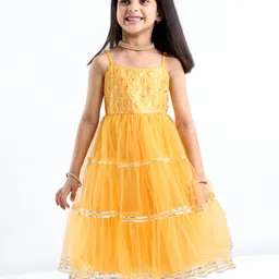 Babyhug Woven Sleeveless Net Embroidered Ethnic Dress - Orange-image-35