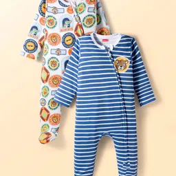 Babyhug Cotton Knit Full Sleeves Striped Sleepsuit With Animal Print Pack Of 2 - Multicolor-picture-15