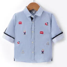 ToffyHouse 100% Cotton Woven Yarn Dyed Full Sleeves Shirt With Stripes & Bear Embroidery - Blue-picture-27