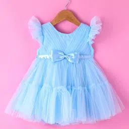 Babyhug Woven Sleeveless Fit and Flare Party Frock with Bow Applique & Frill Detailing - Light Blue-picture-28