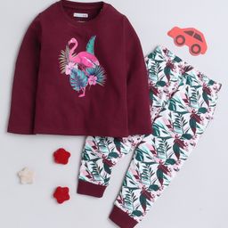 BUMZEE Cotton Knit Full Sleeves Flamingo & Leaves Printed Night Suit - Maroon-picture-4