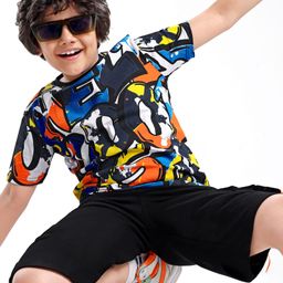 Ollington St. Cotton Half Sleeves Printed T-Shirt & Shorts Set With Cargo Pockets - Multicolor & Black-picture-33
