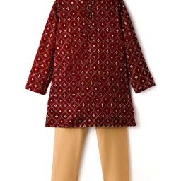 Pine Kids Woven Full Sleeves Kurta Pajama Set with Floral Embroidery & Sequin Detailing - Red-picture-18