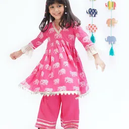 Lil' Drama Viscose Three Fourth Sleeves Elephant Motifs Printed Kurta & Salwar Set - Pink-picture-18