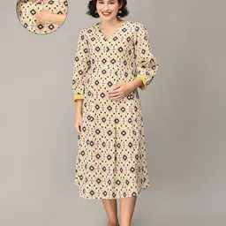 The Mom Store Rayon Three Fourth Sleeves Abstract Printed Maternity Dress With Nursing Access - Multi Colour-image-79