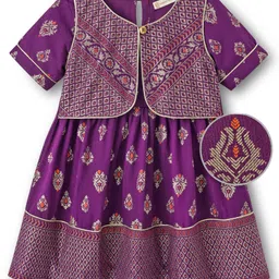 EARTHY TOUCH Single Jersey Knit Half Sleeves Ethnic Dress With Floral Foil Print - Wine-picture-25