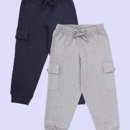 Kiddopanti Pack Of 2 Cotton Fleece Knit Solid Cargo Pocket Detailed Track Pants - Navy Blue & Grey Melange-picture-33