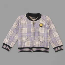 Actuel Cotton Woven Full Sleeves Tartan Checked Brooch Detailed Light Winter Jacket - Purple Cream & Black-picture-15