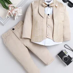 Fourfolds Woven Full Sleeves Leaf Motifs Embroidered 3 Piece Party Suit Set With Bow - Beige-picture-17
