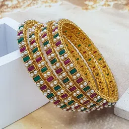 GRIIHAM Set Of 4 Gold Plated & Pearl Beaded Bangle-picture-36