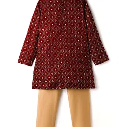 Pine Kids Woven Full Sleeves Kurta Pajama Set with Floral Embroidery & Sequin Detailing - Red image 2