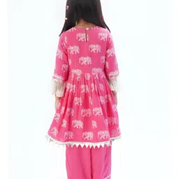 Lil' Drama Viscose Three Fourth Sleeves Elephant Motifs Printed Kurta & Salwar Set - Pink image 3