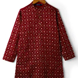 Pine Kids Woven Full Sleeves Kurta Pajama Set with Floral Embroidery & Sequin Detailing - Red image 3
