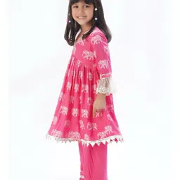 Lil' Drama Viscose Three Fourth Sleeves Elephant Motifs Printed Kurta & Salwar Set - Pink image 4