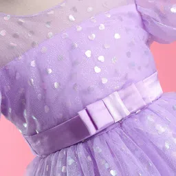 Mark & Mia Woven Half Sleeves Party Frock with Heart Glitter Print & Bow Applique - Purple image 4