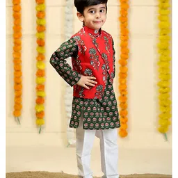 The Mom Store Cottom Full Sleeves Floral Printed Jacket And Kurta Pyjama Set - Red image 5