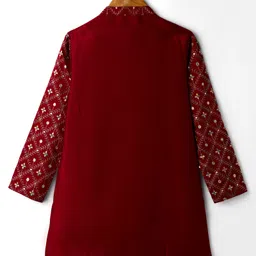 Pine Kids Woven Full Sleeves Kurta Pajama Set with Floral Embroidery & Sequin Detailing - Red image 4