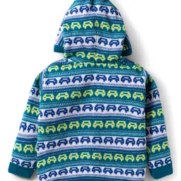 Babyhug Knitted Full Sleeves Hooded Sweater Set With Car Design - Teal Blue image 3