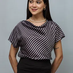 PURYS Geometric Striped Cowl Neck Satin Top-picture-19