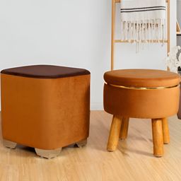 Shadowkart Brown 2 Pieces Wooden Mudda Pouffe Round Ottoman-picture-29