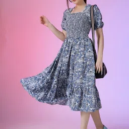 Krunal Raiyani Printed Fit and Flare Smocked Midi Dresses image 1
