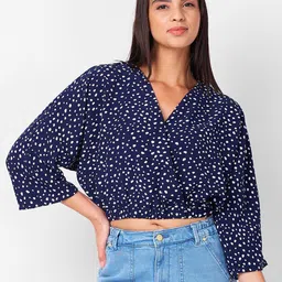IZEL Polka Dot Print Bell Sleeve Crop Top-image-47