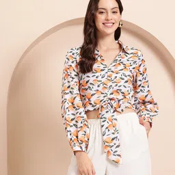 Mast & Harbour Print Puff Sleeve Shirt Style Crop Top image 2